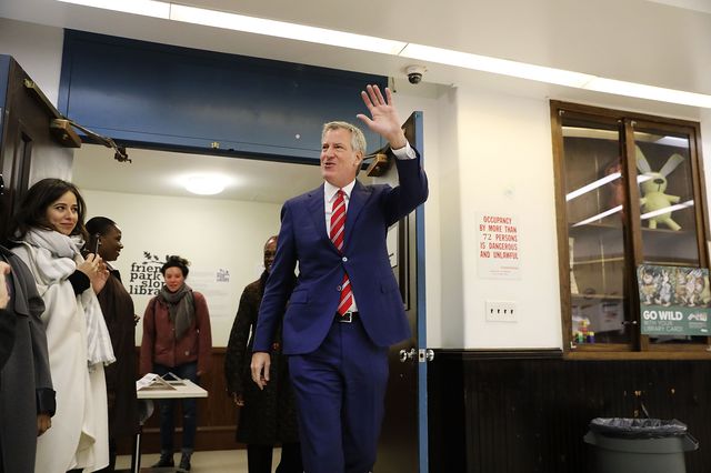 Bill de Blasio walks into his polling site at the Park Slope Library on Election Day on November 7th, 2017.